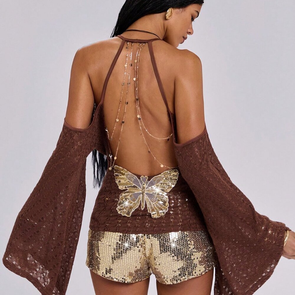 Brown Women's boho Sexy Y2k Backless Crochet Blouse